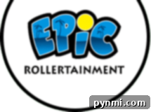 Vibrant roller skates on a rink floor at Epic Rollertainment
