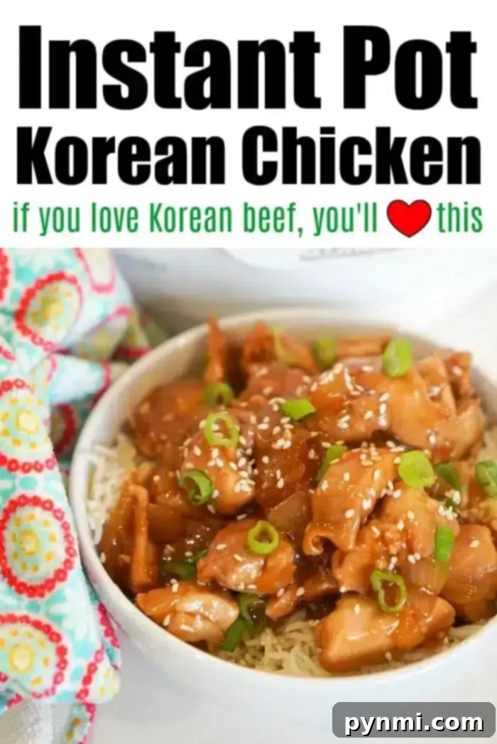 Sticky Sweet Instant Pot Korean Chicken 8 A bowl of Instant Pot Korean chicken garnished with green onions and sesame seeds sits on a patterned cloth. The text above the image reads,