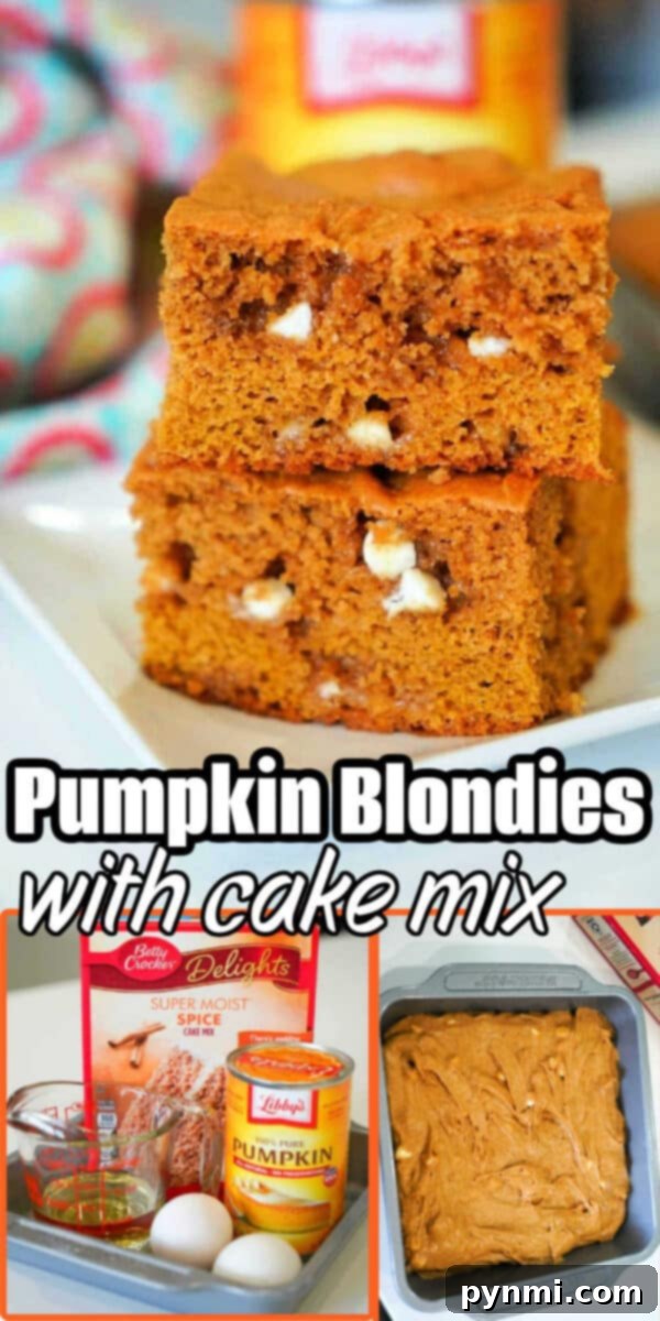 Two pumpkin blondies stacked, surrounded by ingredients like cake mix, pumpkin, eggs, and a pan of batter ready to bake.