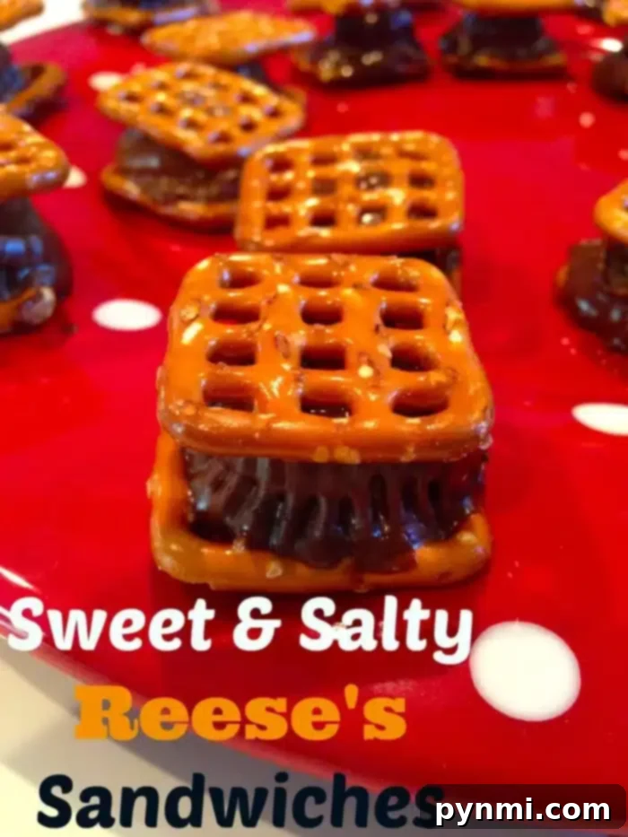 If you are looking for a yummy and easy treat to make with pretzels and your favorite peanut butter candy this is the one! Our sweet and salty Reeses sandwich bites are easy to make and a great way to get kids involved in baking for the first time. Chocolate and pretzels are just the best combination. A plate full of finished Reese's Pretzel Bites, showcasing their appealing sweet and salty texture.