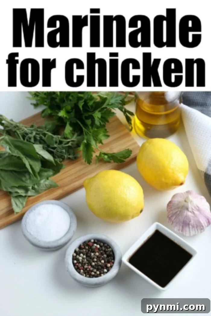 Zesty Lemon Pepper Chicken Marinade 3 Ingredients for lemon pepper chicken marinade: a zesty blend of herbs, fresh lemons, garlic, olive oil, salt, pepper, and Worcestershire sauce on a pristine white surface, ready to be combined.