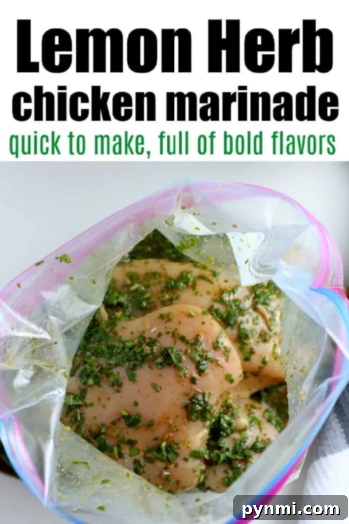 Zesty Lemon Pepper Chicken Marinade 4 Raw chicken being marinated with herbs in a plastic bag, ready for grilling. Text reads: Lemon pepper herb chicken marinade, emphasizing freshness and flavor.
