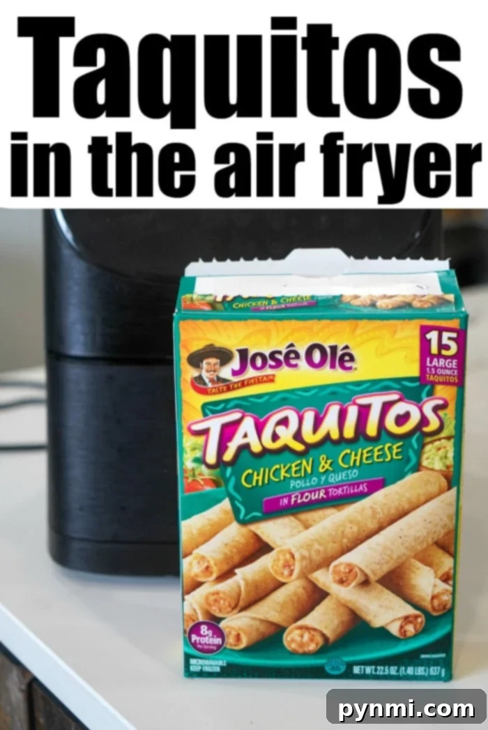 A box of José Olé Chicken & Cheese Taquitos sits on a kitchen counter, with an air fryer ready in the background. The packaging highlights that it contains 15 large flour tortilla taquitos, perfect for air frying.