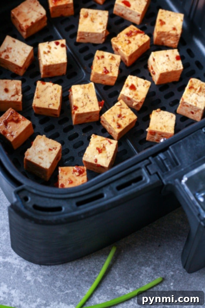 Crispy tofu in air fryer, golden brown and seasoned