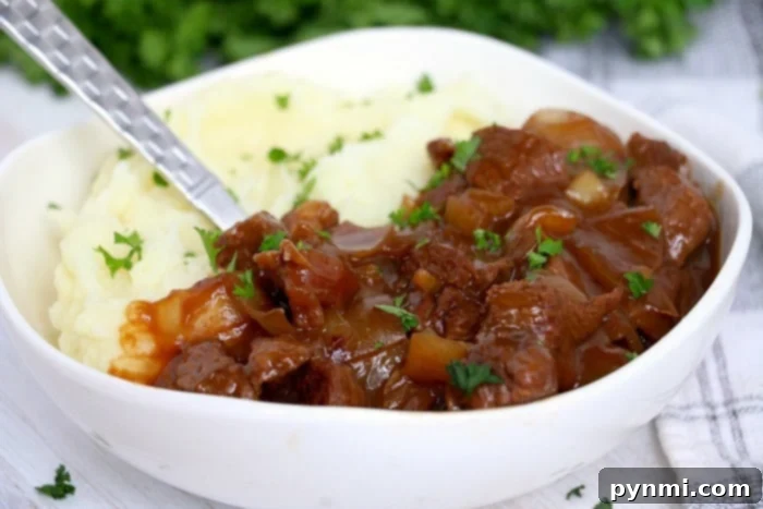 Close up of a bowl of slow cooker beef tips recipe with gravy