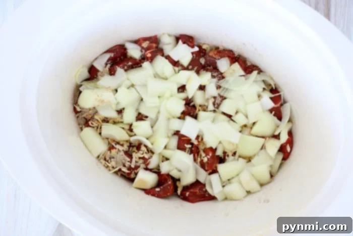 Chopped onions and spices mingling with slow cooker beef tips in a white slow cooker before cooking.