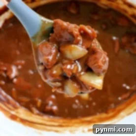 A spoonful of hearty beef tips above a slow cooker brimming with tender beef tips and more delicious stew.