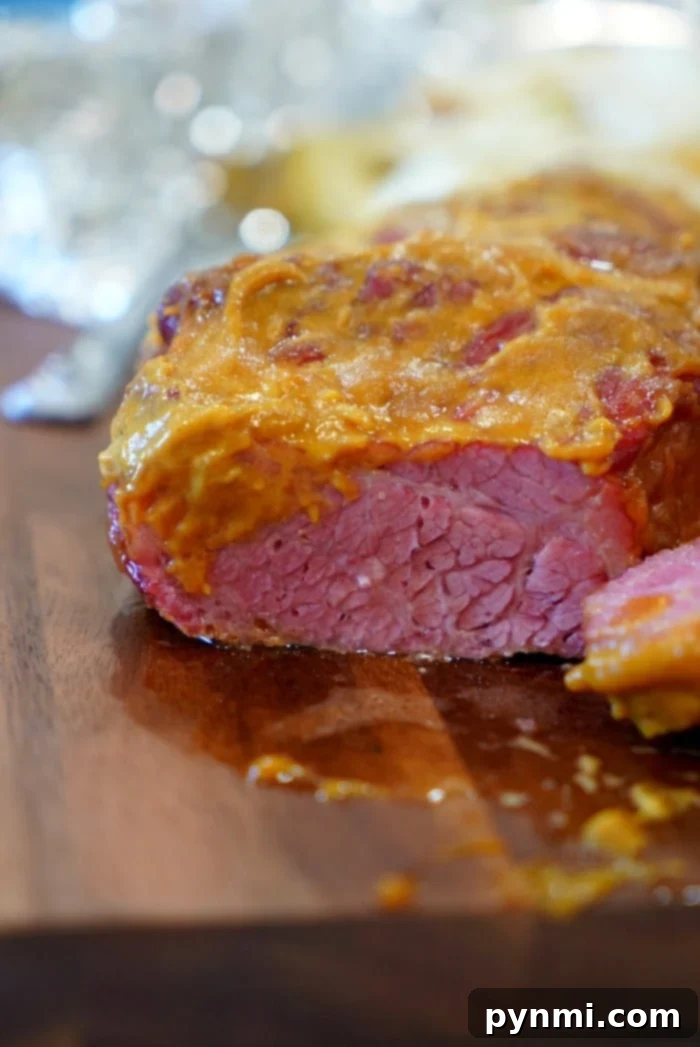 Slow-Smoked Corned Beef 2 Juicy smoked corned beef brisket with a vibrant mustard glaze, ready to be sliced and served.