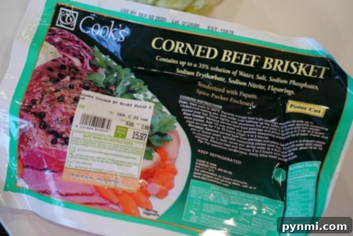 Slow-Smoked Corned Beef 3 A packaged Cooks Corned Beef Brisket, showing ingredients and a picture of the cooked product, ready for preparation.