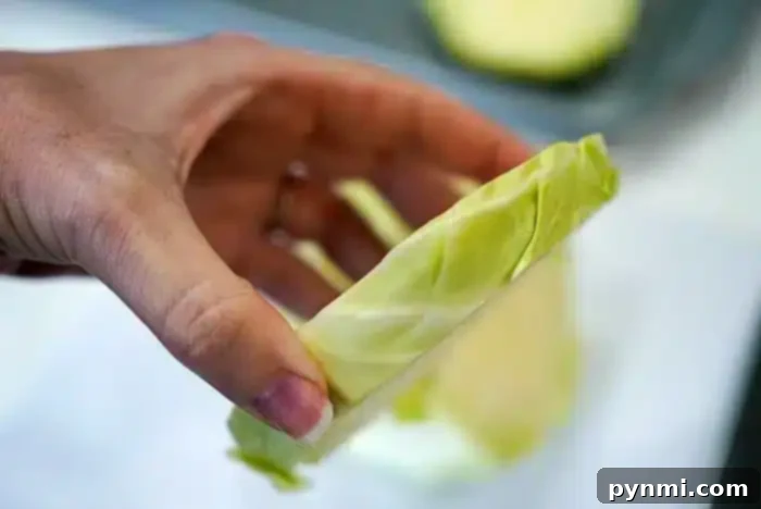 Hearty Cabbage Steaks 4 A close-up image of a hand holding a thin slice of green cabbage. The hand is grasping the slice lightly, showcasing its thickness and layers, reminiscent of preparing baked cabbage steaks. The background is blurred with another piece of cabbage visible.