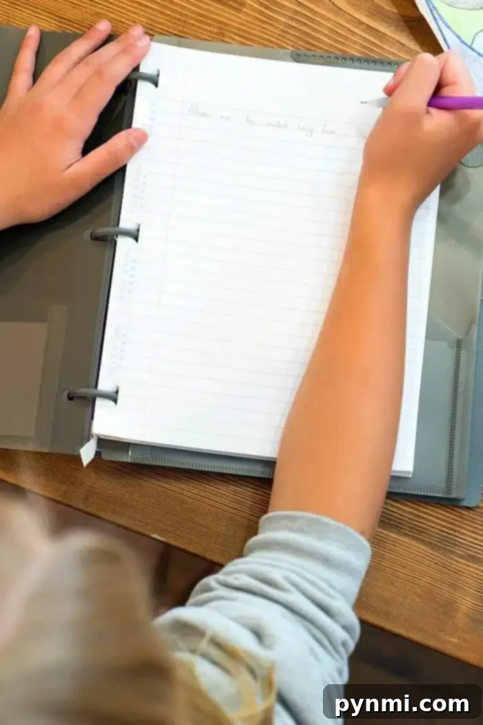 Complimentary K-12 Home Learning Solutions 6 A person with light hair is using a purple pen to write in a notebook, exploring ideas for free homeschool programs. The notebook rests on a wooden table, inside a binder, while the person wears a gray long-sleeved shirt. The text on the page is partially visible.