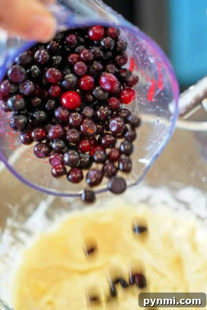Huckleberry Delights 2 Pouring fresh huckleberries into a mixing bowl with batter, this delightful blend is reminiscent of cherished huckleberry recipes, highlighting the joy of baking with fresh fruit.