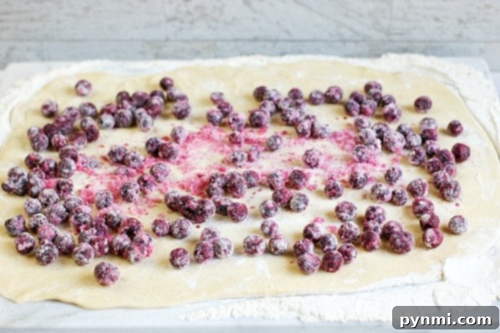 Huckleberry Delights 9 Homemade cinnamon rolls with a huckleberry filling, prepared for baking and showcasing the careful assembly process.