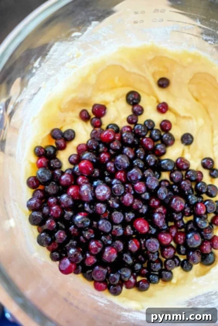 A bowl of muffin batter with fresh blueberries on top, ready to be mixed, makes for an easy muffin recipe that's sure to delight.