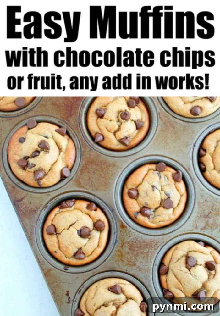 A close-up of an easy chocolate chip muffin recipe, golden brown with melted chocolate chips, resting on a cooling rack.