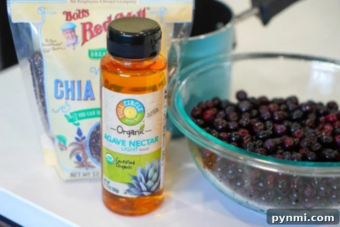 Huckleberry Bliss 3 A bottle of agave nectar stands next to a bag of chia seeds, and a bowl of huckleberries on a kitchen counter.