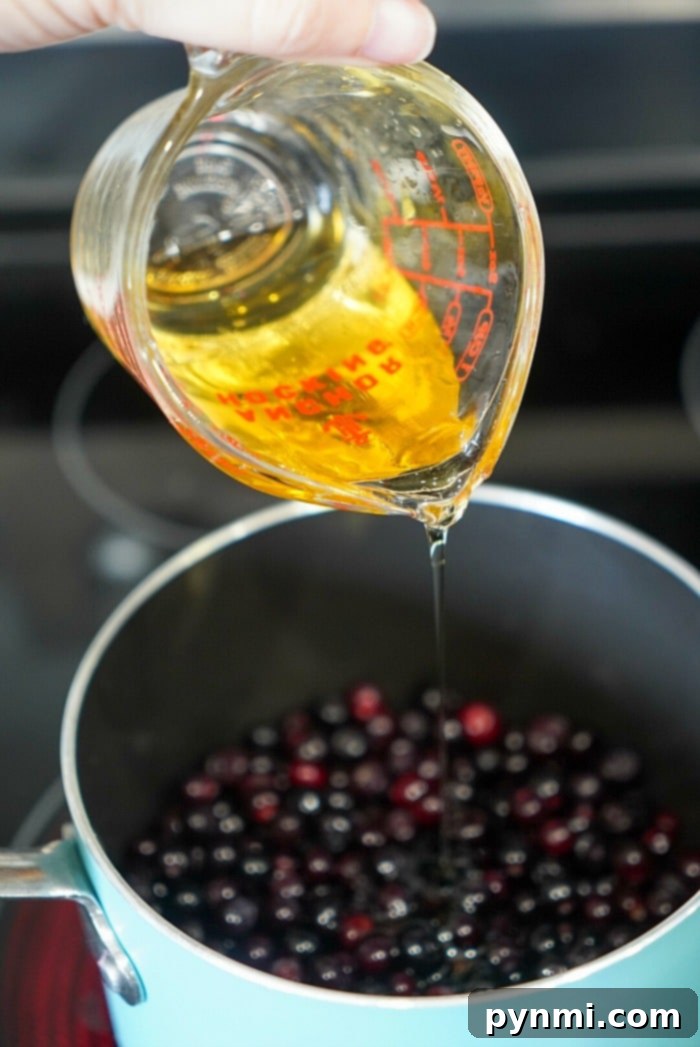 Huckleberry Bliss 4 Pouring honey into a saucepan filled with huckleberries on a stovetop.