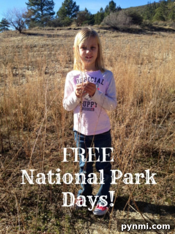 Unlock adventures with free National Park admission this year! Discover the comprehensive schedule of fee-free days and learn how to obtain a free family pass. #NationalParksFree #OutdoorFamily #TravelDeals #NatureAdventures #ExploreAmerica A joyful blonde girl stands in a scenic grassy field, holding a small plant, with rolling hills and sparse trees in the background. She wears a pink long-sleeved shirt with playful text. White text across the bottom announces 'FREE National Park Days! Enjoy free admission to national parks.'
