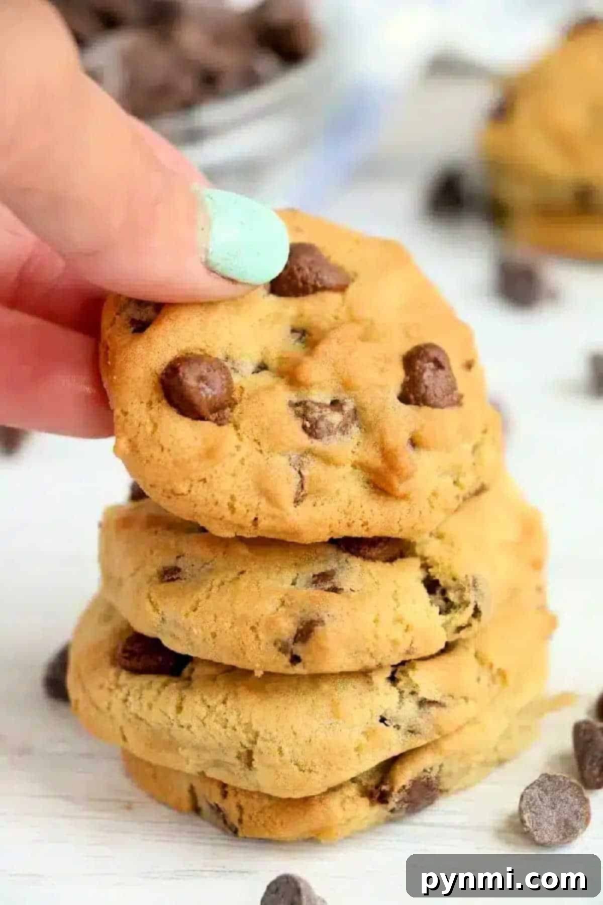 Air Fried Chocolate Chip Perfection 6 A hand with elegantly painted mint-green nails holds a freshly baked chocolate chip cookie, poised above a inviting stack of air fryer cookies, ready to be enjoyed.