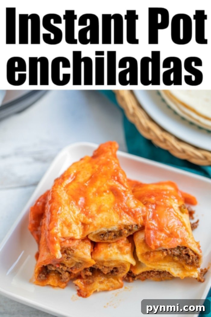 Stacked Instant Pot enchiladas with melted cheese, ready to be served.