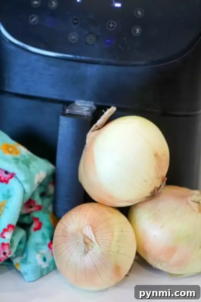 Crispy Air-Fried Onions 3 Three yellow onions are placed in front of an air fryer, showcasing its sleek design with a digital control panel. To the left, a colorful floral-patterned cloth adds a touch of charm to the scene.