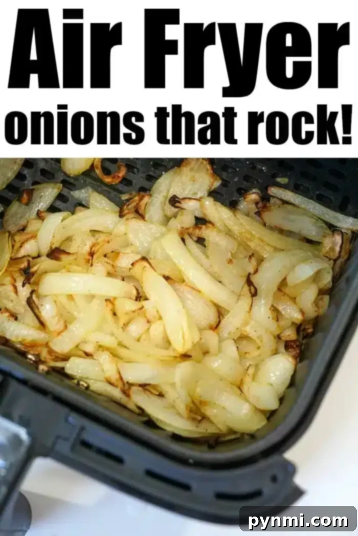 Crispy Air-Fried Onions 9 A close-up of air fryer onions inside a basket. The text at the top reads "Air Fryer onions that rock!" The onions are lightly browned and look ready to eat.