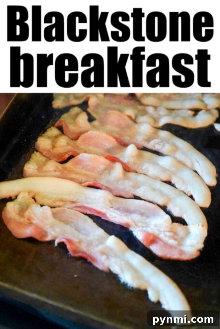blackstone bacon breakfast cooked on griddle with eggs