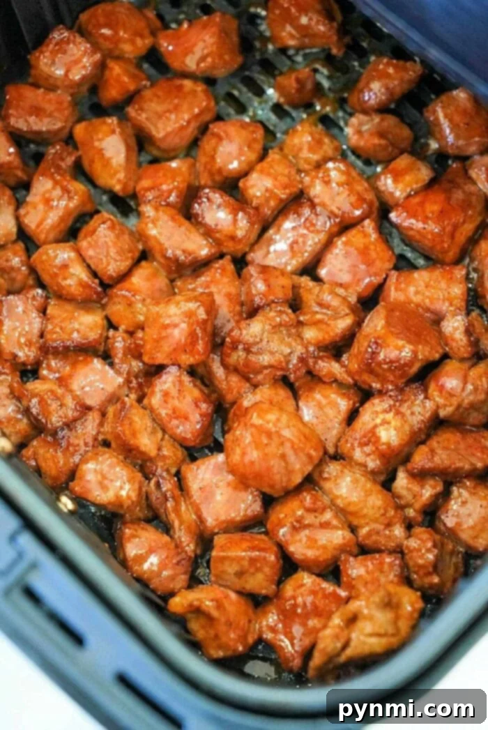 Juicy Air Fryer Steak Bites in Minutes 2 Succulent air fryer steak bites seasoned with a delicious dry rub, ready to be served.