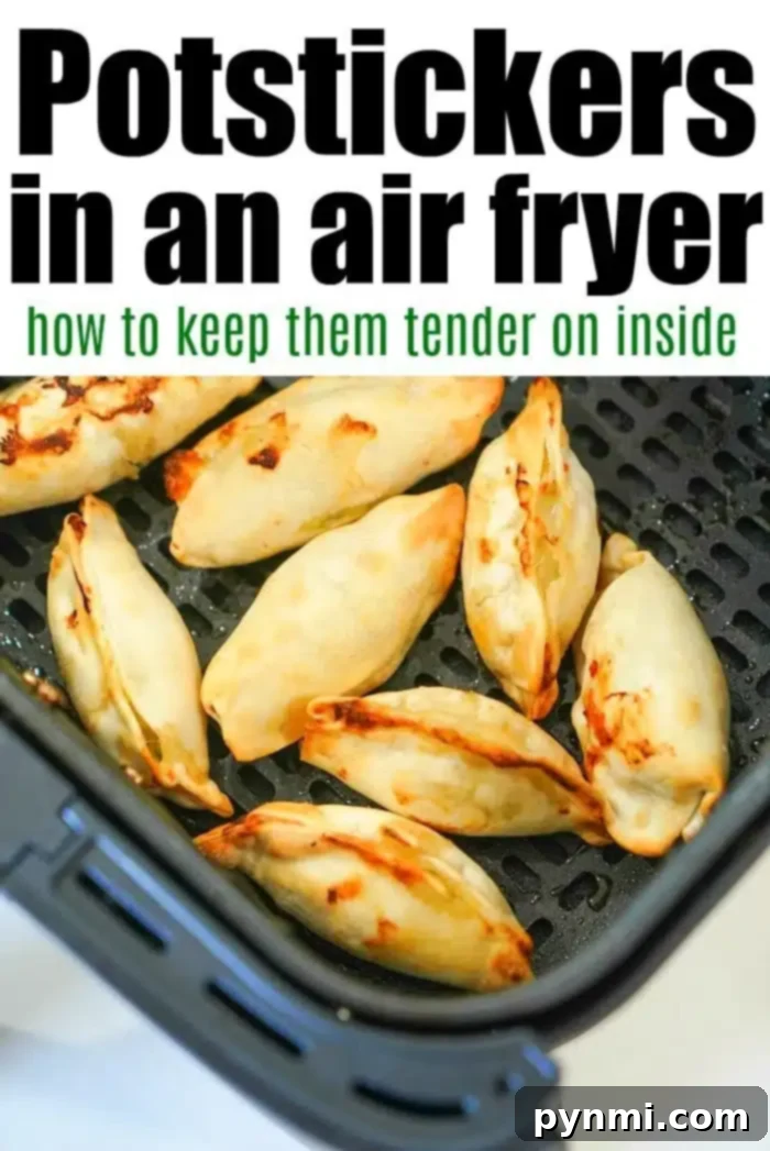 Air Fryer Frozen Potstickers: Golden Crisp Delights 10 Perfectly cooked potstickers in an air fryer basket, showcasing a tender interior and golden, crispy exterior achieved through strategic cooking.