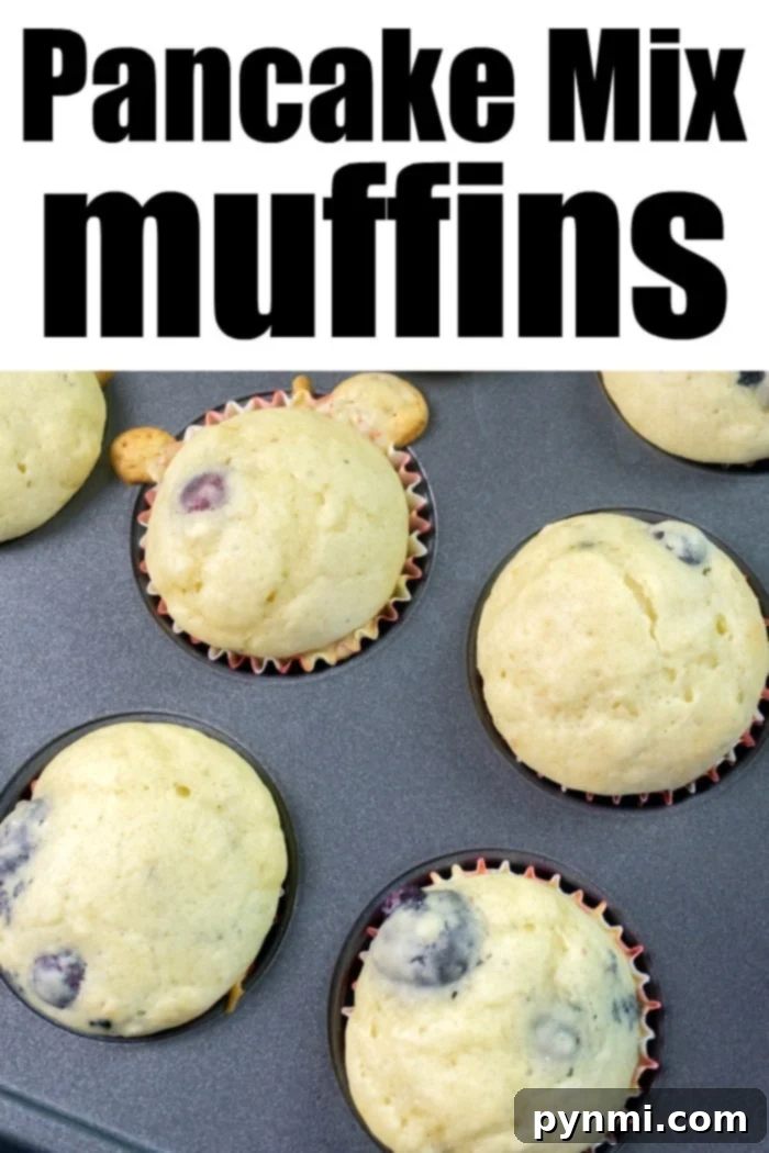 Pancake Mix Muffin Magic 10 Blueberry muffins made with pancake mix, with pin description.