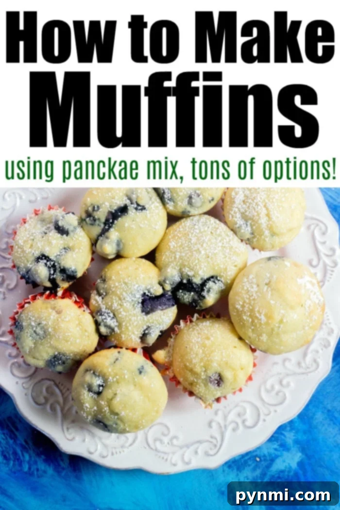 Pancake Mix Muffin Magic 9 A plate of powdered sugar blueberry muffins topped with text: Discover how to create delicious pancake mix muffins, offering tons of options!