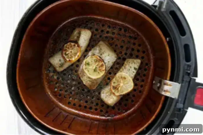 An air fryer basket containing three pieces of seasoned fish fillets topped with lemon slices. The air fryer fish sits in a sleek black exterior unit with a visible latch. The interior of the basket shows some cooking marks and residue, evidence of its recent culinary success.
