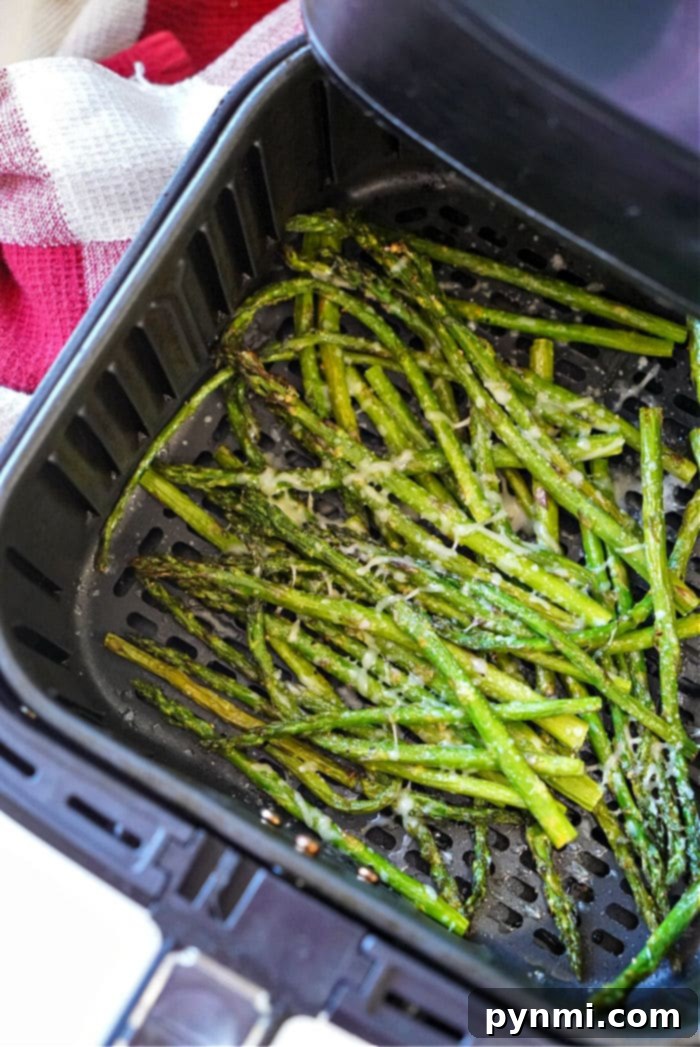 Ninja Foodi Air Fryer Asparagus: Quick & Crispy 2 Fresh asparagus spears seasoned and ready for the air fryer, promising a tender and crispy side dish.