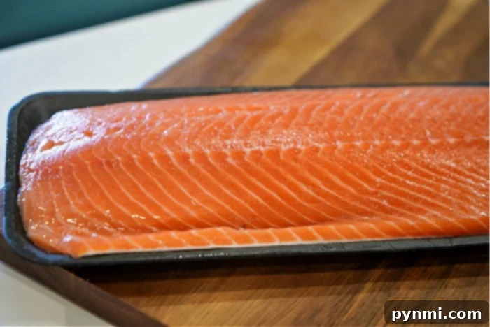Two fresh salmon fillets seasoned with a generous layer of savory-sweet dry rub, ready for cooking.