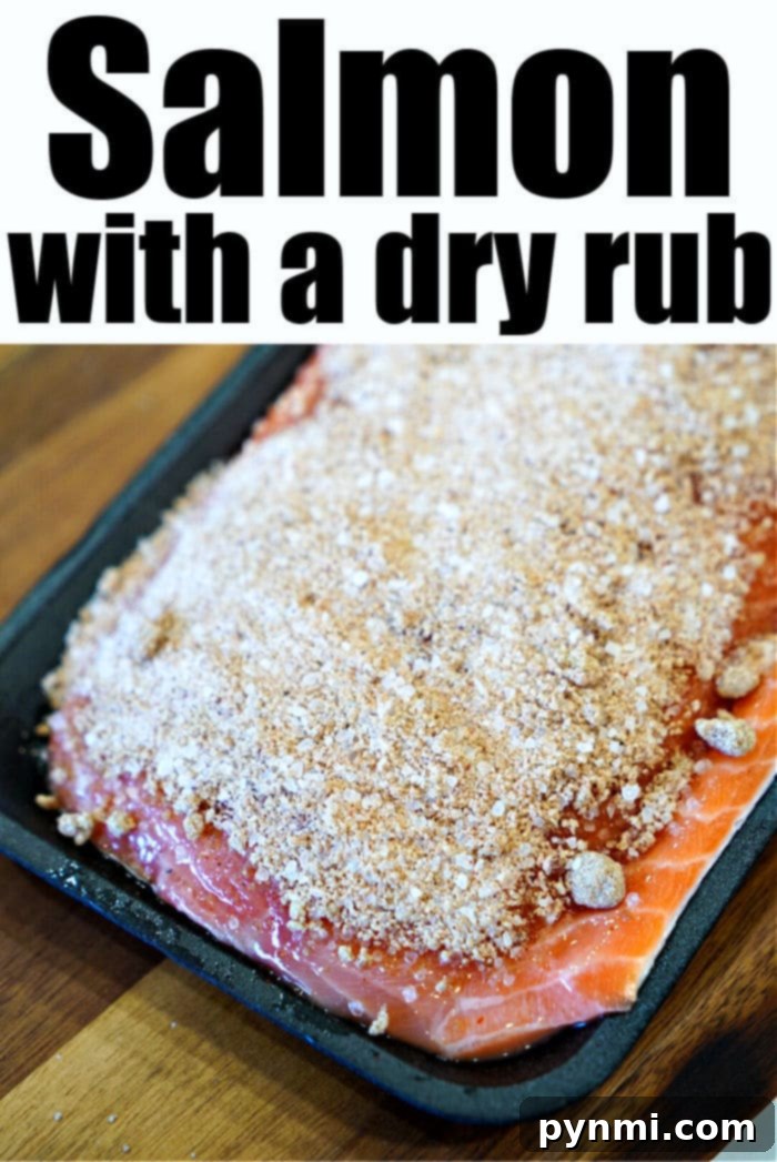A close-up of a cooked salmon fillet with a crispy, caramelized dry rub crust, showcasing its appealing texture and rich color.