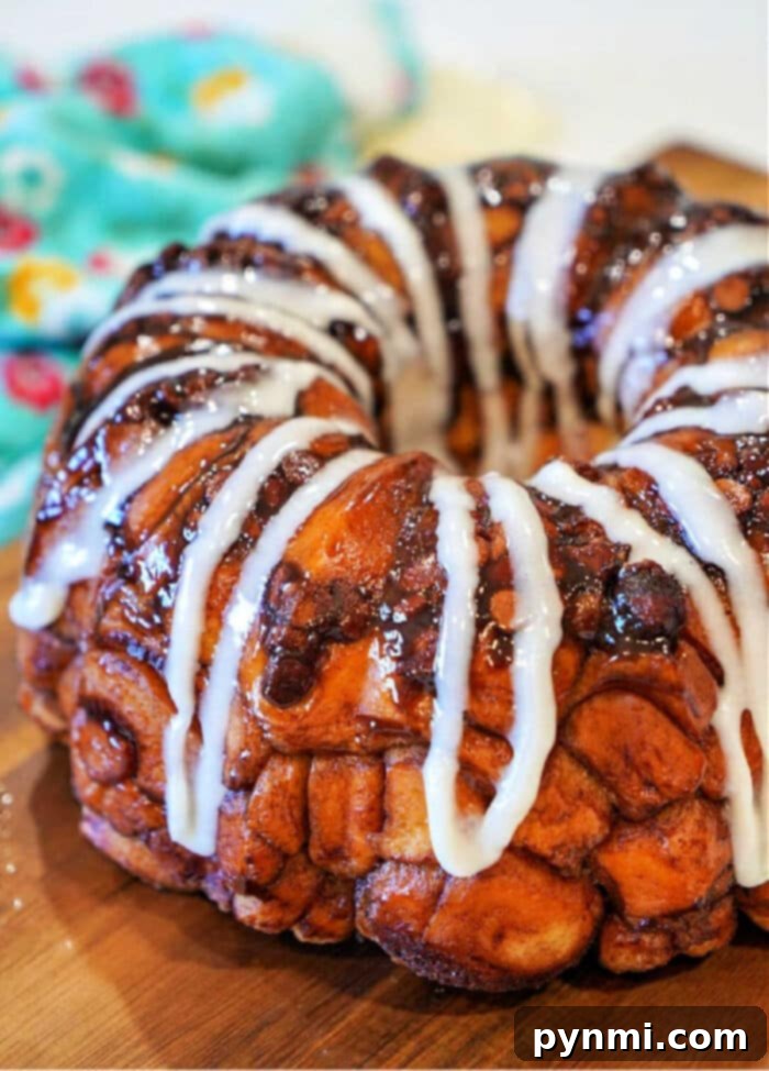 Sweet Sticky Rhodes Monkey Bread Magic 2 Delicious chocolate Rhodes monkey bread, fresh out of the oven, drizzled with icing.