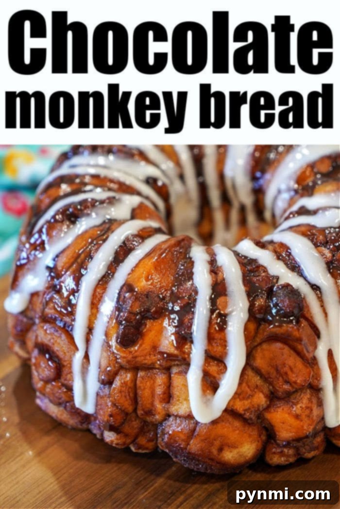 Sweet Sticky Rhodes Monkey Bread Magic 9 Decadent Rhodes Rolls Monkey Bread, topped with a generous drizzle of chocolate icing.