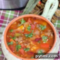 A bowl of instant pot stuffed pepper soup filled with vegetables and herbs, placed on a plaid cloth near a slow cooker.
