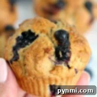 A hand holds a freshly baked blueberry muffin, made effortlessly in an air fryer, with more muffins tantalizingly blurred in the background.