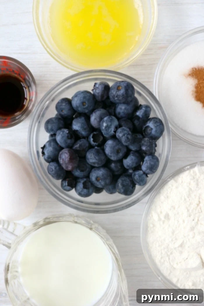 Ingredients for a homemade blueberry muffin recipe laid out on a kitchen counter.