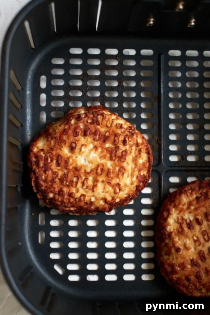A single frozen turkey patty placed in an air fryer basket, ready to be cooked.