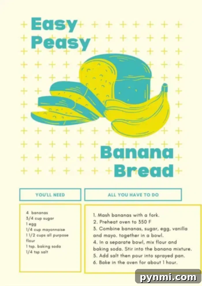 Mayonnaise Magic Banana Bread 11 Colorful recipe poster showcasing bananas and bread illustration. Title: Easy Peasy Banana Bread with Mayonnaise. Features ingredients and steps for a twist on the classic favorite.