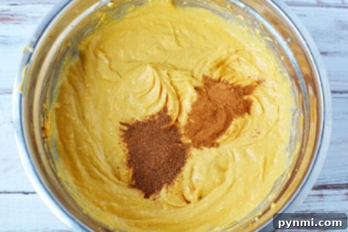 Pumpkin batter in a metal bowl with cinnamon and nutmeg sprinkled on top, ready to be baked into a delicious sheet pan pumpkin pie.