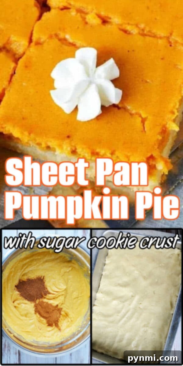 Sheet pan pumpkin pie with a sugar cookie crust, topped with whipped cream, shown in three preparation steps for an easy and crowd-pleasing dessert.