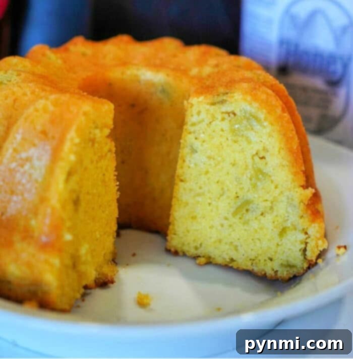 Golden Air Fryer Cornbread 2 Golden-brown air fryer cornbread in a bundt pan, showcasing its perfect texture and rich color, ready to be sliced.