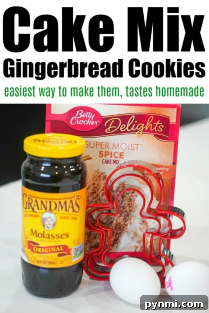 A jar of dark molasses, a box of spice cake mix, and two fresh eggs sit invitingly on a wooden table alongside various gingerbread-shaped cookie cutters, all neatly arranged and ready to craft delightful gingerbread cookies.