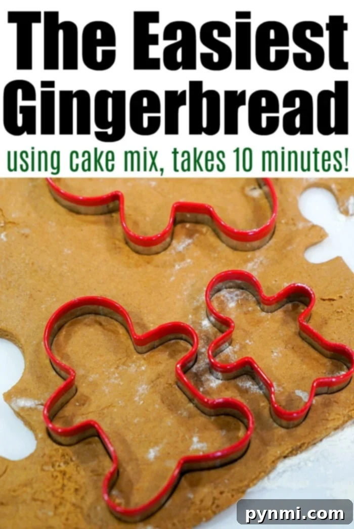 Red gingerbread cookie cutters rest directly on the raw dough, ready to cut shapes. Overlay text reads: 'The Easiest Cake Mix Gingerbread Cookies, ready in just 10 minutes!'