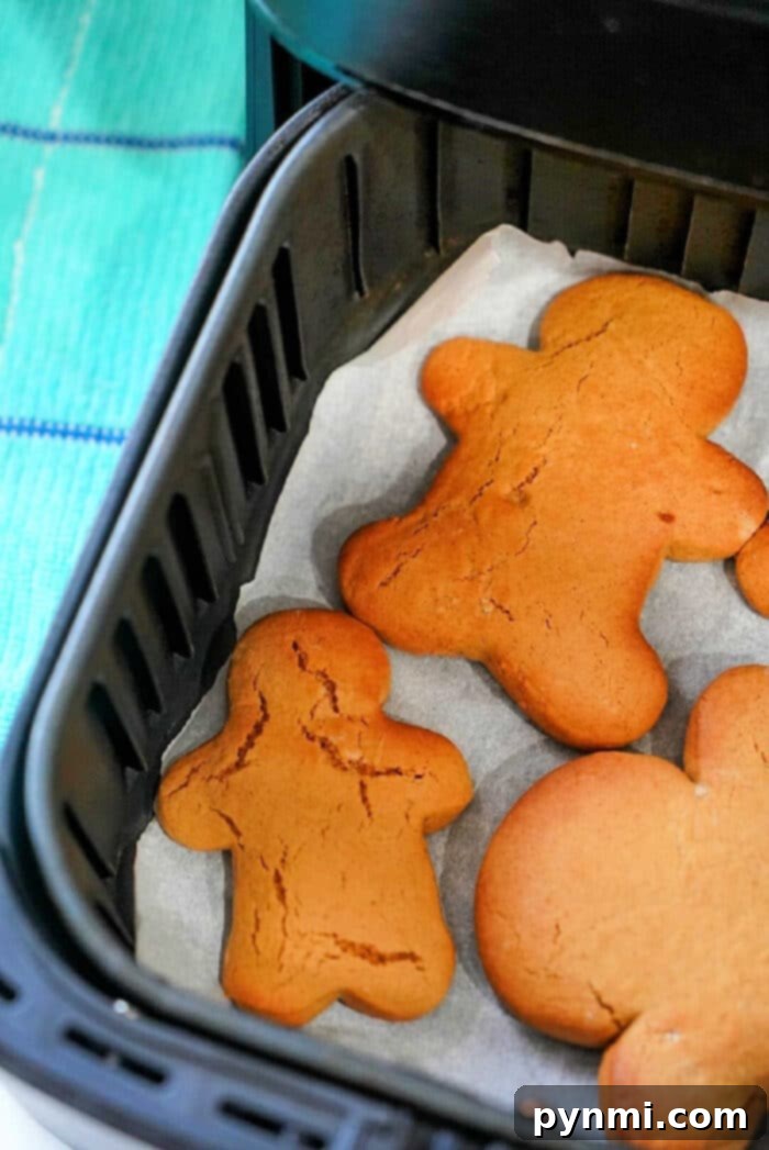 Cake Mix Hack for Air Fryer Gingerbread Cookies 9 A close-up shot of baked gingerbread men, showing their perfect golden-brown color and delicate cracked edges, signifying they are ready.