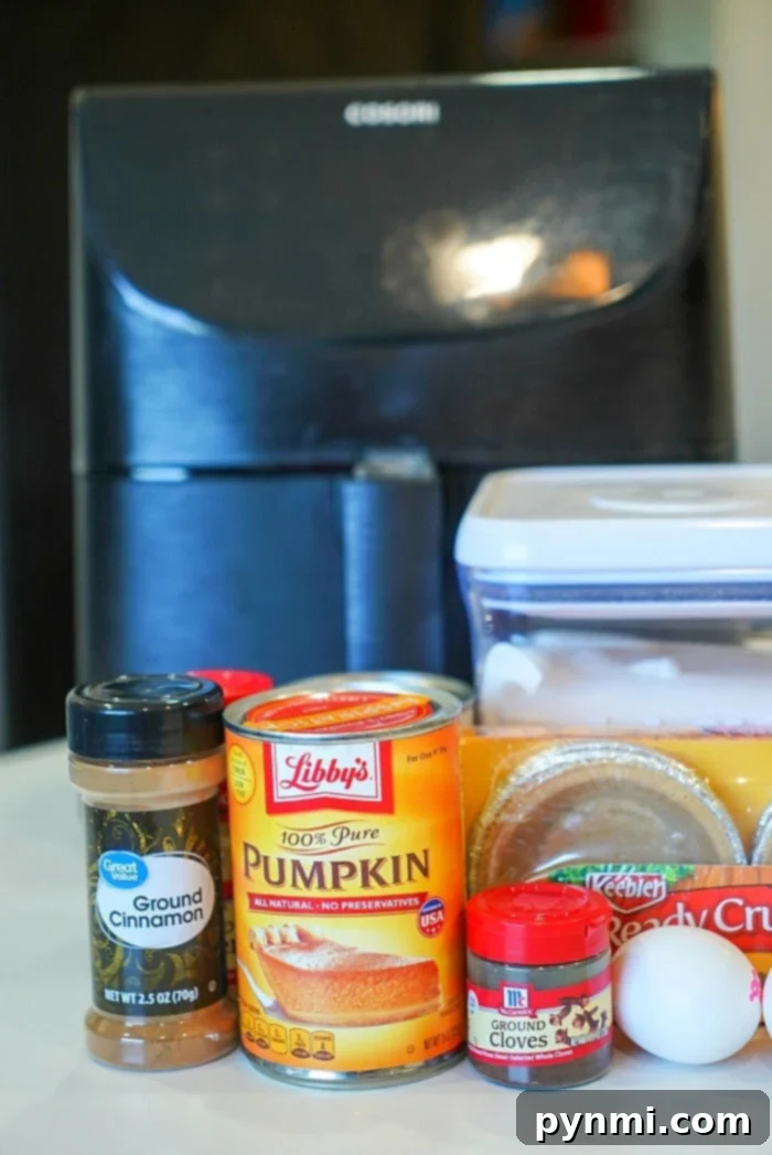 Easy Mini Pumpkin Pie Recipe 3 Close-up of a perfectly baked mini pumpkin pie in an air fryer, showcasing its golden-brown crust and smooth filling.