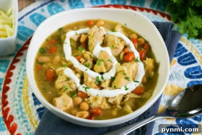 Creamy Crockpot White Chicken Chili 8 A bowl of creamy white chicken chili with a sprig of cilantro and a lime wedge, presented on a dark surface.